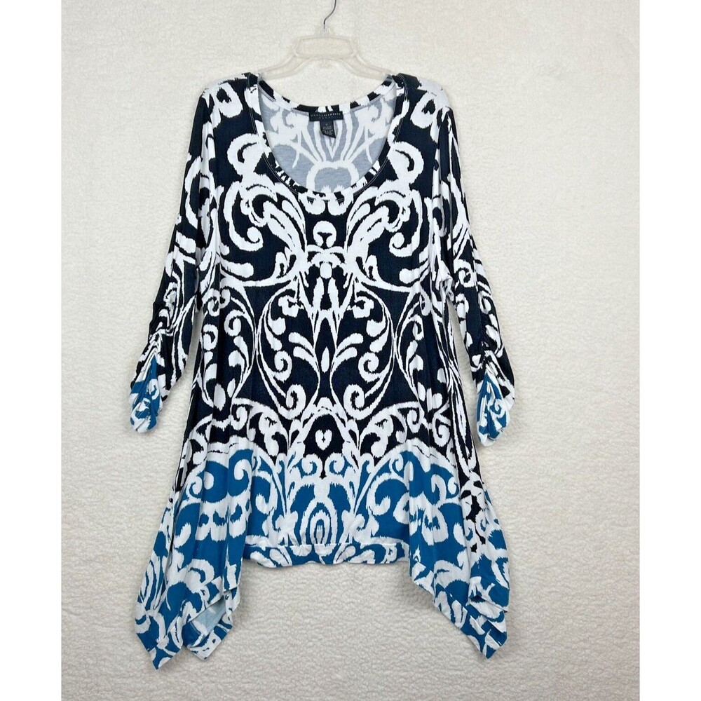 Grace Elements Women 2X Top Blouse Rayon Blend Teal White Geometric